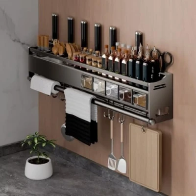Image of BohrenCL Spice Rack Wall Mounted, Kitchen Shelves Hanging Storage Shelves, Seasoning Organizer, Shelf, Mounted with Paper Towel Holder Roll and Hooks
