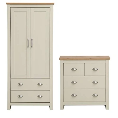 Image of Timber Art Design UK Lisbon Bedroom Furniture Set 2 Piece Wardrobe 4 Drawer Chest For Kids Room, Bedroom, Living Home Office, Hallway Multi functional Storage Unit, Cream H51 x W45 D45 cm