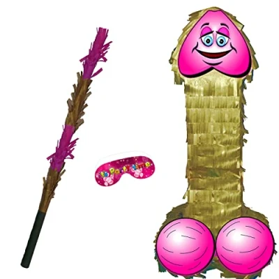 Image of Gold Willy Pinata with stick and paper blindfold