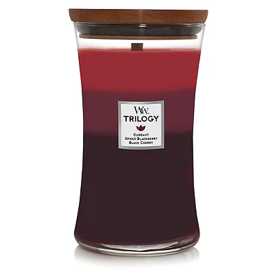 Image of WoodWick Large Hourglass Trilogy Scented Candle Sun Ripened Berries with Crackling Wick Burn Time: Up to 130 Hours