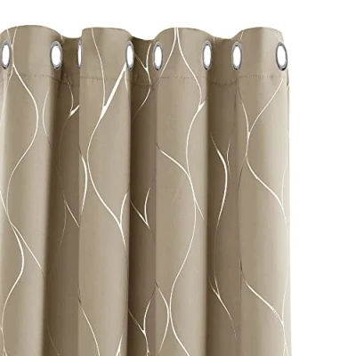 Image of Deconovo Thermal Insulated Blackout Curtains Silver Wave Line Foil Printed Eyelet for Bedroom Taupe W55 x L96 One Pair