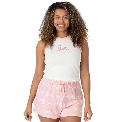 Image of Barbie Ladies Pyjama Set Ribbed White Vest With Pink All Over Print Elasticated Shorts for Women Fashion Doll Classic Logo Graphic Sleepwear Nightwear Merchandise Adults