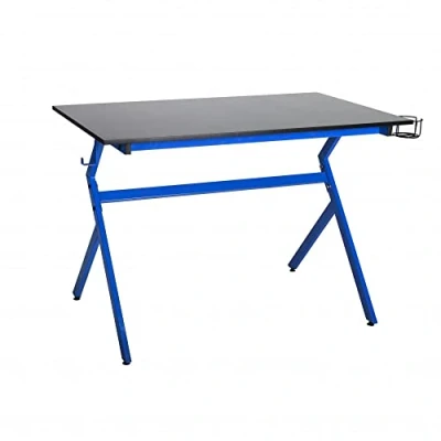 Image of Neo Ergonomic Gaming Gamer Racing Computer Office Desk Table with Headphone Hook Cup Holder &amp; Cable Management (Blue)