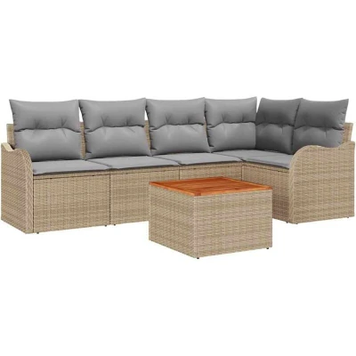Image of vidaXL 6 Piece Garden Sofa Set with Cushions Beige Poly Rattan Acacia