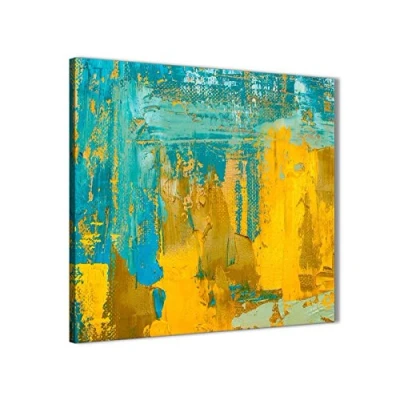 Image of Wallfillers Mustard Yellow and Teal Turquoise Living Room Canvas Pictures Decorations Abstract 1s446m 64cm Square Print
