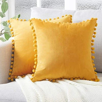 Image of Topfinel Cushion Covers 45x45,Yellow 18 x inches,Boho Outdoor Mustard Velvet Pom Cover with Invisible Zip for Sofa Chair Living Room,Pack of 2…