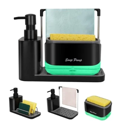 Image of Kitchen Dish Soap Dispenser Set with Tray,3 in 1 Hand and Set,Soap Sponge Holder Dishcloth Holder,for Sink Countertop Storage Organizer(Black)