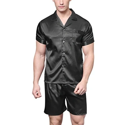 Image of Men&#039;s Short Sleeve Satin Pyjama Set with Shorts (Black, Medium)