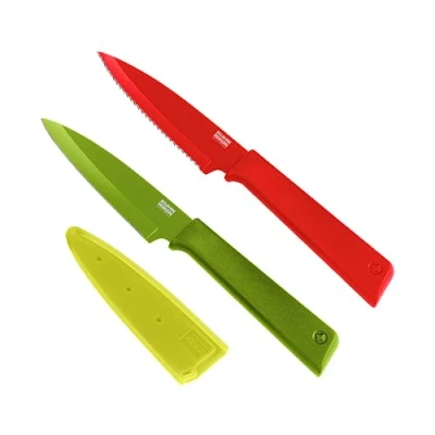 Image of Kuhn Rikon Colori+ Prep 2 Pc Kitchen Knife Set (1x Paring Knife, 1x Serrated Knife) Stainless Steel Blade Knives Set. Sharp 3 Year Accessories Guarantee