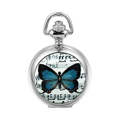 Image of JewelryWe Music Note Butterfly Pendant Quartz Pocket Watch Necklace White Dial Arabic Numerals with 31.5&quot; Chain