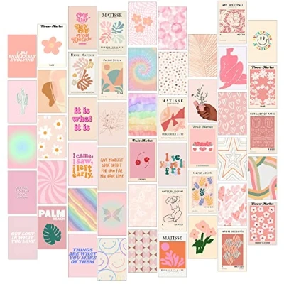 Image of Blush Pink Room Decor Cute Prints for Teen Girls Bedroom, 50pcs Wall Collage Kit Aesthetic Pictures, Danish Pastel Decor, Preppy Bedroom