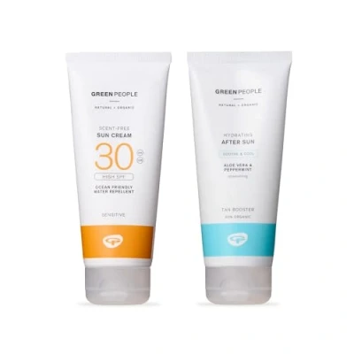 Image of Green People Scent Free Sun Cream SPF30 + After Bundle 2x200ml Natural, Organic Sunscreen Aftersun Lotion Eczema Friendly, Sensitive Skin, Prickly Heat Non Greasy Reef Safe, Cruelty