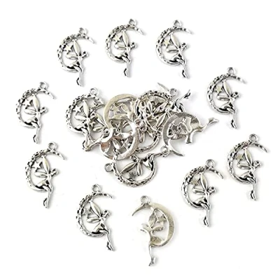 Image of Charming Beads Antique Silver Metal Alloy Moon &amp; Fairy Pagan Pendants 25mm Pack Of 20 for Jewellery Making and More