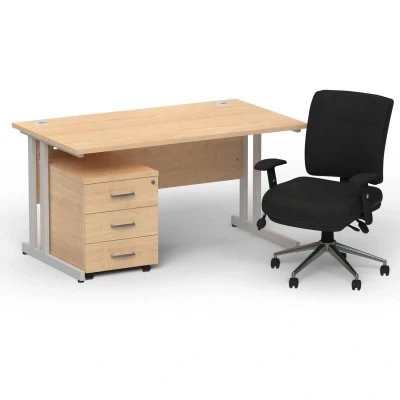 Image of Impulse 1400 Silver Cant Desk Maple + 3 Dr Mobile Ped &amp; Chiro Black