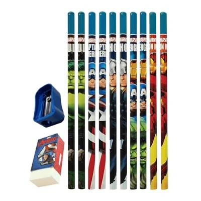 Image of Marvel Avengers Novelty Pencils, Pack of 12 Pcs, Wooden Pencils Eraser Sharpener Pack, School Nursery Home Gift Party Bag Filler Use, iZOFAX Black Ball Pen