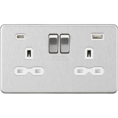 Image of KnightsBridge 13A 2G SP Screwless Switched Socket with Dual USB A+C Brushed Chrome, White Insert