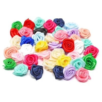 Image of Multi Coloured 15mm Miniature Satin Ribbon Rose Flowers Decorative Craft (50)