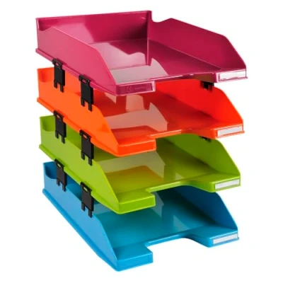 Image of Exacompta Ref 113298SETD Letter Trays Combo Midi (Set of 4) 357 x 255 244mm in Size, Suitable for A4+ Documents, 12 Spacers to Increase Capacity Assorted Colours