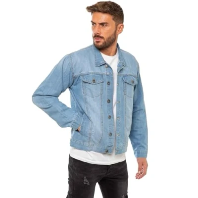 Image of 989Zé ENZO Mens Jacket Casual Classic Denim Regular Fit Western Style Trucker Coat EZJ391 LIGHT BLUE S
