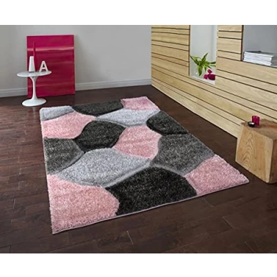 Image of Modern Area Rug, Polypropylene Geometric Super Soft Shaggy Rectangular Mat, for Bedroom, Living Room, Long Hall Runner Carpet, Pink Grey, 160x230