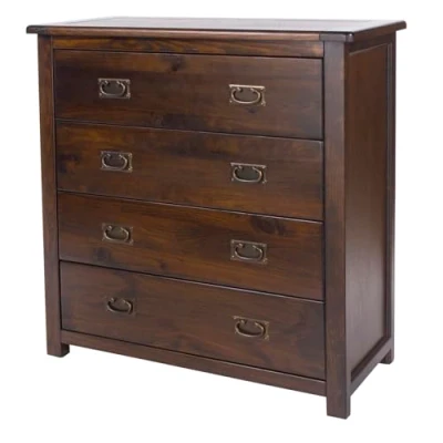 Image of Chest of 4 Drawers Solid Pine Dark Wood Dresser Metal Handles Lacquered Finish