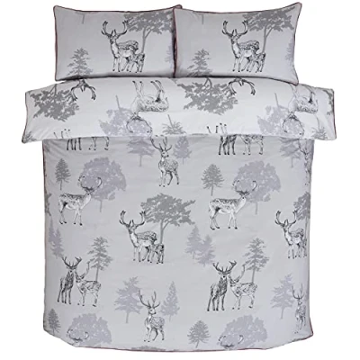 Image of Rapport Home Sherwood Forest Christmas Deer Bedding Set Single Size Duvet Cover with Piped Trim, Festive Woodland Design, Soft &amp; Durable Xmas Bed