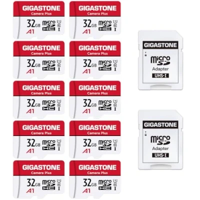 Image of Gigastone 32GB 10 Pack Micro SD Card with 2x Adapter + 4x Mini case, Camera Plus, Nintendo Switch Compatible, High Speed 90MB/s, Full HD Video Recording, SDHC UHS I A1 Class