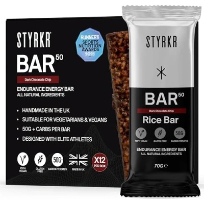 Image of Energy Bars by Styrkr Pack of 12 Rice for Cycling &amp; Running Dark Chocolate Chip Flavour Approved Endurance Athletes 50g Carbs via Advanced Dual Carb Formulation BAR50 12x