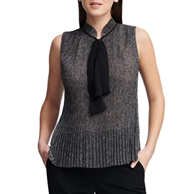 Image of DKNY Women&#039;s Sleeveless Pleated Top with Tie Neck Blouse, Black/White, X Large