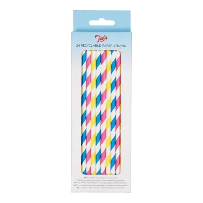 Image of Tala Pastel Paper Straws Recyclable Colourful Striped Drinking Straws, Non soggy &amp; Food Safe Disposable Suitable for all Occasions 24 Pack, 20cm x 0.5cm