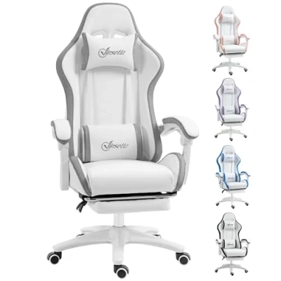 Image of Vinsetto Racing Gaming Chair, Reclining PU Leather Computer Chair with 360 Degree Swivel Seat, Footrest, Removable Headrest and Lumber Support, White Grey