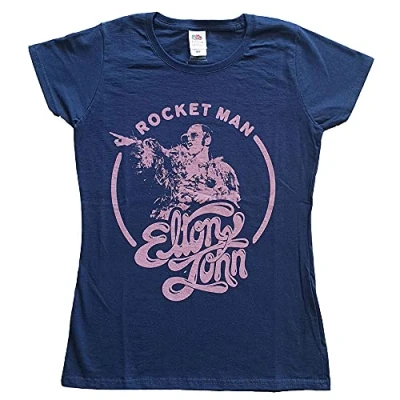 Image of Elton John T Shirt Rocketman Circle Point Official Womens Skinny Fit Navy Blue S