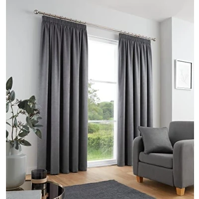 Image of Fusion Charcoal Grey Curtains W90 x L72 (229 183cm) 100% Cotton 2x Panels Pencil Pleat in Soundproof &amp; Thermal for Bedroom Pleated Drapes