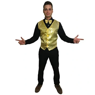Image of Gold Sequin Waistcoat &amp; Bow Tie Showbiz Show business Mens Fancy Dress Costume