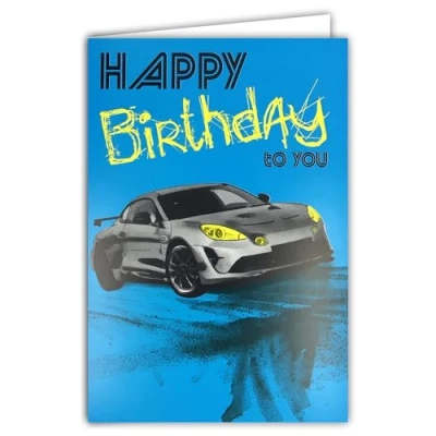 Image of 69 8116 Happy Birthday to You Neon Card with Envelope 12 x 17.5 cm Grey Coupe Sports Car Illustration Genuine Blue Inks for Men Created and Made in France