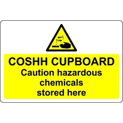 Image of COSHH cleaning cupboard caution hazardous chemicals stored here Safety sign Landscape Self adhesive sticker (200mm x 150mm)