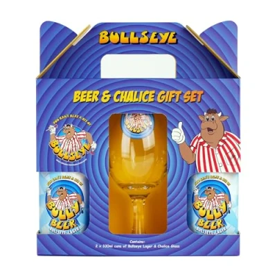 Image of Bullseye Craft Lager Gift Set, including 2 x 330ml cans &amp; branded chalice glass. Perfect for Christmas and Birthdays. Darts Themed beer