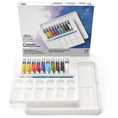 Image of Winsor &amp; Newton, Cotman Watercolour, &#039;Tube Palette Set&#039;, 10 x 8ml Tubes + 1 Watercolour Round Brush