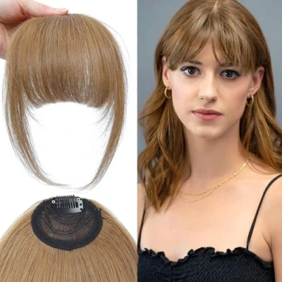 Image of Clip in Fringe Real Human Hair French Bangs Fake on for Women With Temple (Light Brown#, Bangs)