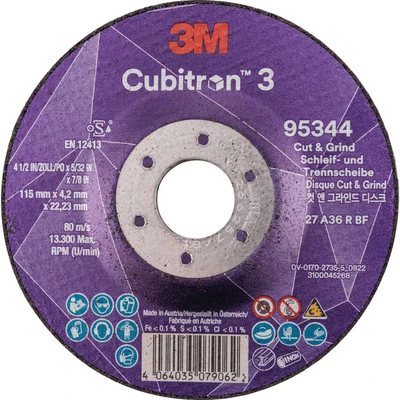 Image of 3M Cubitron 3 Cut and Grind Wheel, 95344, 36+, T27, 115 mm x 4.2 22.23 mm, EN, 10/Pack