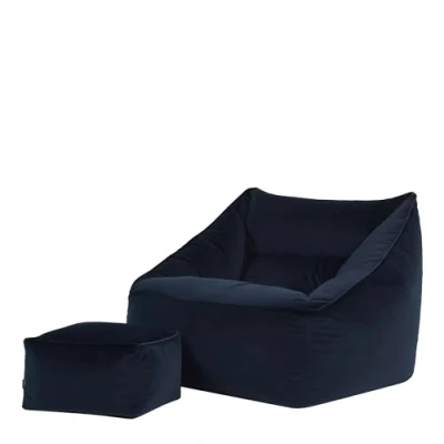 Image of icon Natalia Bean Bag Chair and Footstool, Midnight Blue, Velvet Floor Chair, Large Armchair, Adult with Filling Included, Living Room Bedroom Accent