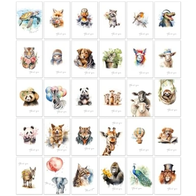 Image of 30 Animal Thank You Cards Different Watercolour Drawings of Animals to Say Thanks with Envelopes