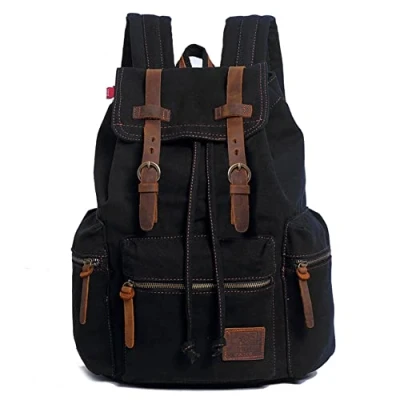 Image of Canvas Backpack Unisex Vintage Casual Rucksack 17 inch Laptop Daypacks Schoolbag College Student Bookbag Hiking Camping Travel Bag Black