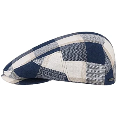 Image of Stetson Kent Check Linen Cap Men Made in The EU Ivy hat Flat with Peak, Lining Summer Spring 57 cm Blue Beige