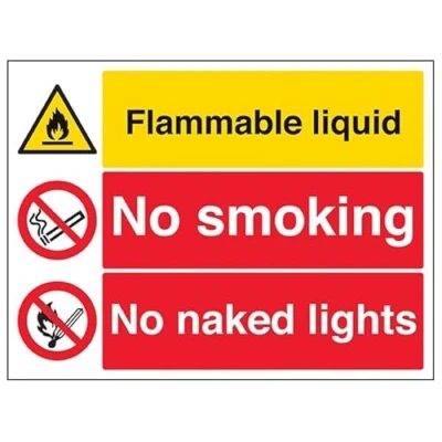 Image of V Safety Warning Fire and Flammable Flam. Liquid/No Smoking/No Naked Lights 400 X 300MM Sign With Snap Frame