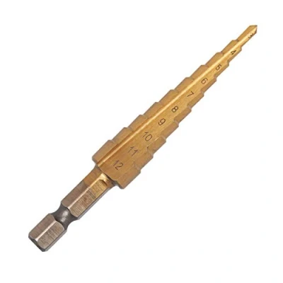 Image of UK Drills HSS Step Drill Bit Titanium Coated 3 12mm 10 Steps Set for Drilling on Hard Metal, Stainless Steel, Cast Iron