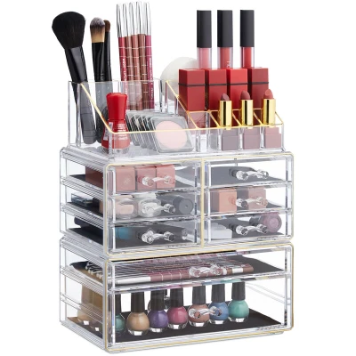 Image of Relaxdays Organizer with Drawers, Stacking Makeup and Jewellery Box, Acrylic Cosmetic Kit, Clear Gold, 30 x 24 14cm