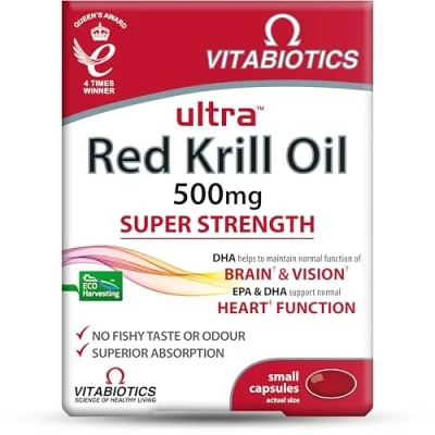 Image of Vitabiotics Ultra Red Krill Oil Nutritional Supplement Capsule with Omega 3 9 Fatty Acids DHA EPA Astaxanthin for Heart Brain And Eye Vision Support from Antarctic Marine Phospholipids
