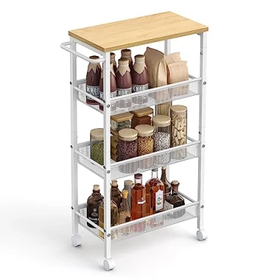 Image of VASAGLE 4 Tier Trolley, Space Saving Kitchen Cart with Wheels, Steel Frame, Handle, Trolley for Small Spaces, 22 x 45.5 77 cm, Bathroom Living Room Studio, Oak and White LRC033W09