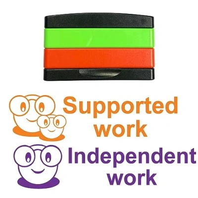 Image of Independent Work and Support Self inking, 2 Layer, Stacking Teacher Stamps, Pre inked for Feedback Marking. Green Ink